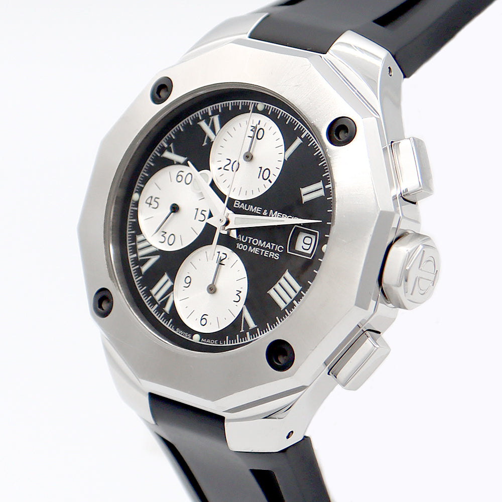 BAUME&MERCIER ボーム&メルシェ リビエラ クロノグラフ MOA08594 デイト 100m防水 黒 ブラック SS ステンレス 純正ベルト 純正尾錠 メンズ 自動巻き リヴィエラ【6ヶ月保証】【腕時計】【中古】
