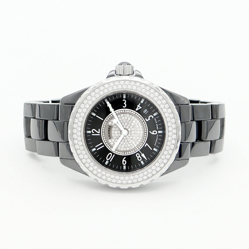 内部点検済 CHANEL シャネル J12 38mm 2重ダイヤベゼル H1709 純正ダイヤモンド パヴェダイヤ デイト 200m防水 黒 ブラック セラミック SS ステンレス メンズ 自動巻き【6ヶ月保証】【腕時計】【中古】
