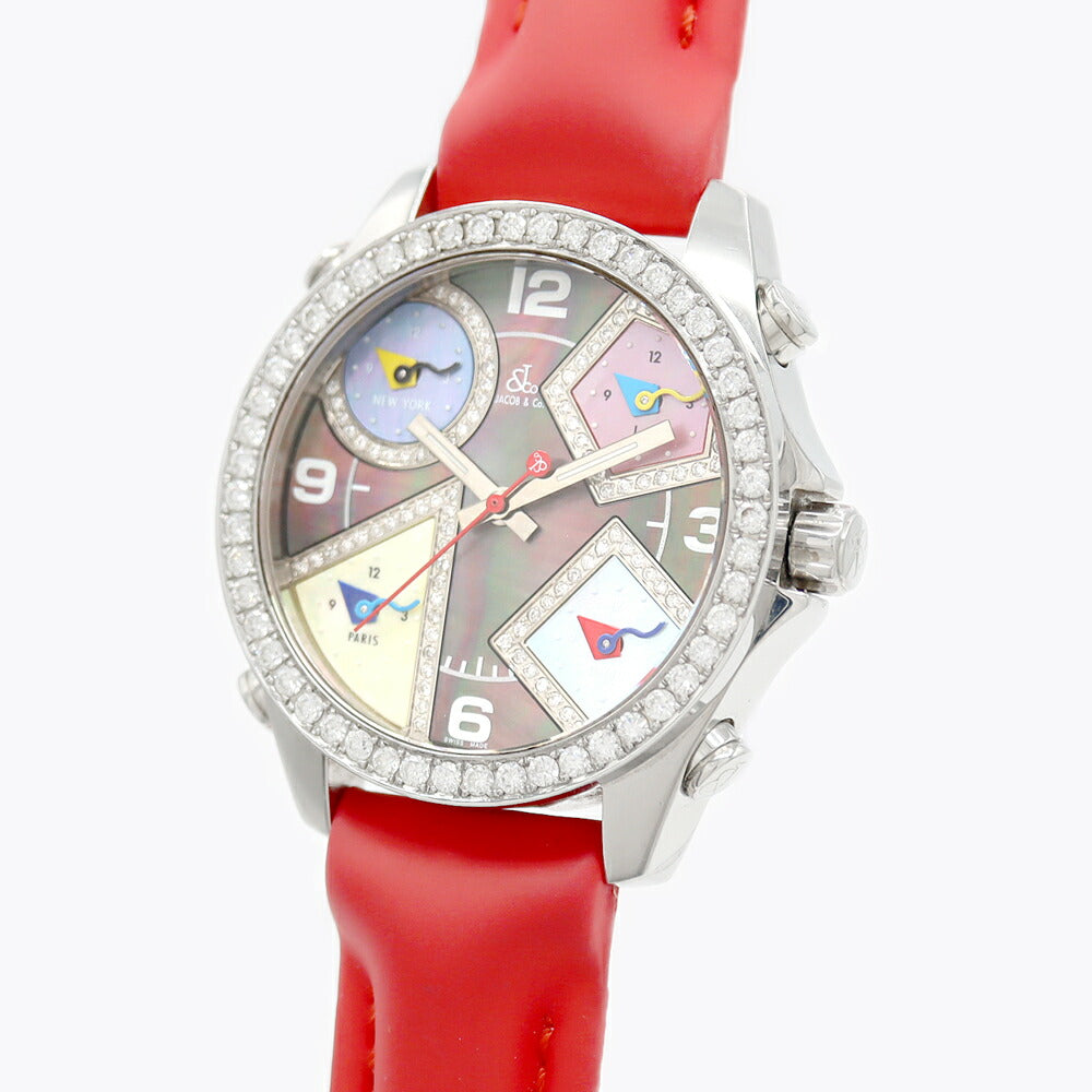 電池交換済 JACOB&Co. ジェイコブ ファイブタイムゾーン 40mm ダイヤモンド ダイヤベゼル ブラックシェル マルチカラー SS ステンレス 純正ベルト 純正尾錠 メンズ クォーツ 5タイム【6ヶ月保証】【腕時計】【中古】