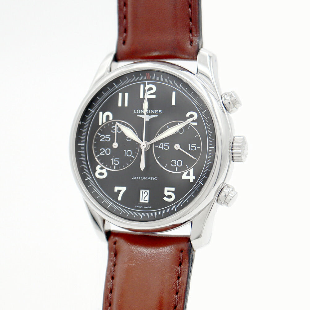 内部点検済 LONGINES ロンジン マスターコレクション アビゲーション クロノグラフ L2.629.4 デイト 裏スケ スモールセコンド 黒 ブラック SS ステンレス 純正ベルト 純正尾錠 メンズ 自動巻き【6ヶ月保証】【腕時計】【中古】