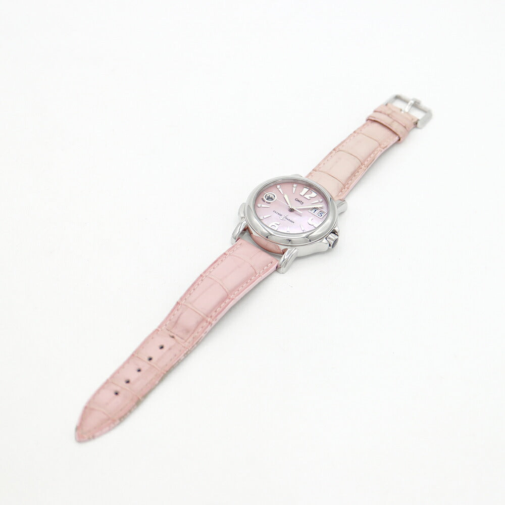 ULYSSE NARDIN ユリスナルダン サンマルコ GMT 223-22 696 ダイヤモンド 7Pダイヤ ビッグデイト 100m防水 ピンクシェル SS ステンレス 純正ベルト 純正尾錠 メンズ レディース ボーイズ 自動巻き【6ヶ月保証】【腕時計】【中古】