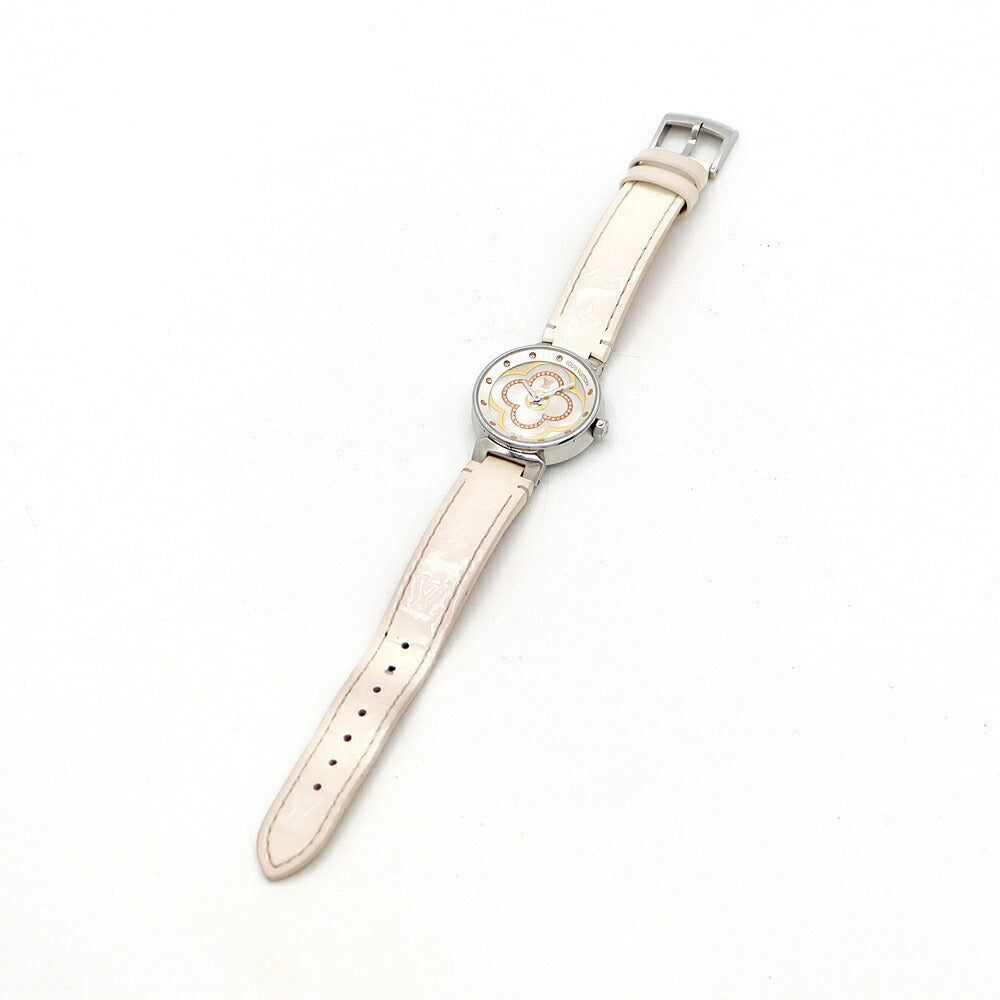 電池交換済 LOUIS VUITTON ルイヴィトン タンブール ムーンディヴァイン PM QA017Z 純正ダイヤモンド 白 ホワイトシェル SS ステンレス 純正ベルト 純正尾錠 レディース クォーツ【6ヶ月保証】【腕時計】【中古】