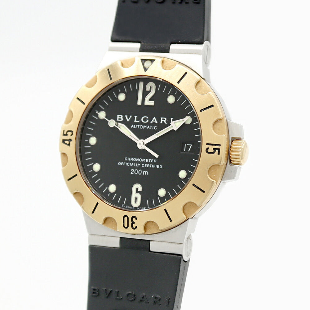 BVLGARI ブルガリ ディアゴノ スクーバ SD38SG デイト 200m防水 黒 ブラック K18YG イエローゴールド SS ステンレス コンビ 純正ベルト 純正尾錠 メンズ 自動巻き【6ヶ月保証】【腕時計】【中古】