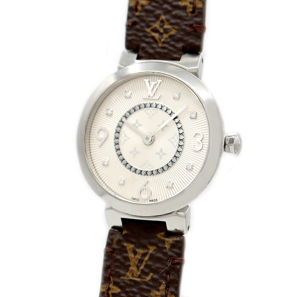 電池交換済 LOUIS VUITTON ルイヴィトン タンブール スリム Q12MG ダイヤモンド 8Pダイヤ 50m防水 シルバー モノグラム SS ステンレス 純正ベルト 純正尾錠 レディース クォーツ【6ヶ月保証】【腕時計】【中古】