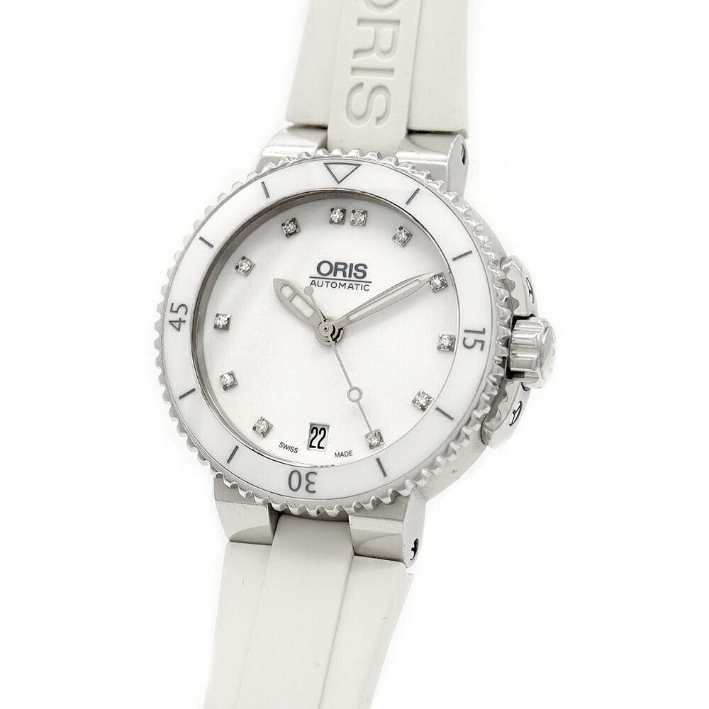 ORIS オリス アクイス デイト ダイヤモンド 01 733 7652 4191-07 418 3 12Pダイヤ 裏スケ 300m防水 白 ホワイト CE セラミック SS ステンレス 純正ベルト 純正尾錠 メンズ レディース 自動巻き【6ヶ月保証】【腕時計】【中古】