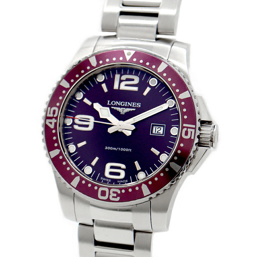 電池交換済 LONGINES ロンジン ハイドロコンクエスト L3.640.4 デイト 300m防水 紫 パープル SS ステンレス メンズ クォーツ【6ヶ月保証】【腕時計】【中古】