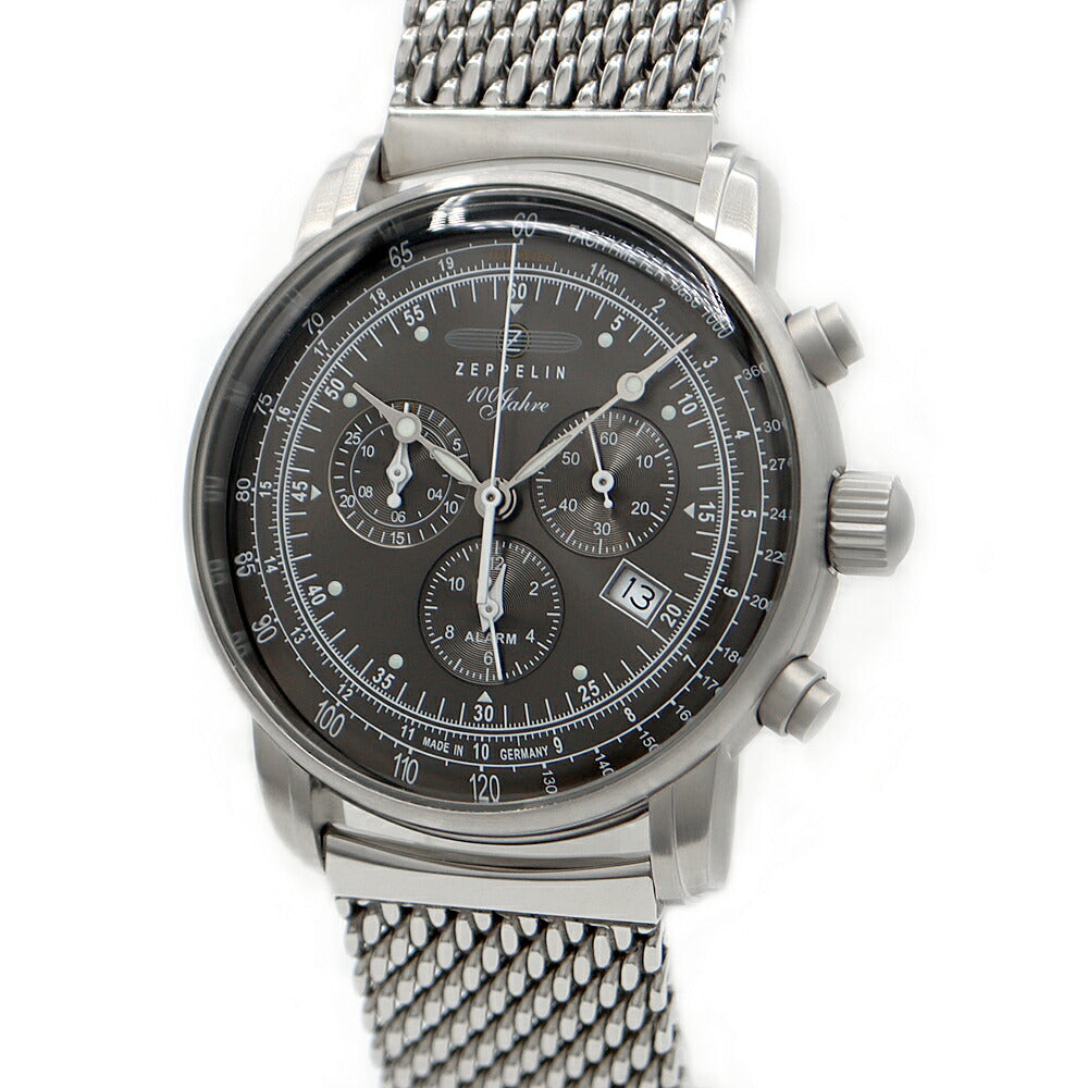電池交換済 ZEPPELIN ツェッペリン 7680-2 100周年記念モデル クロノグラフ デイト 50m防水 グレー SS ステンレス メンズ クォーツ【6ヶ月保証】【腕時計】【中古】