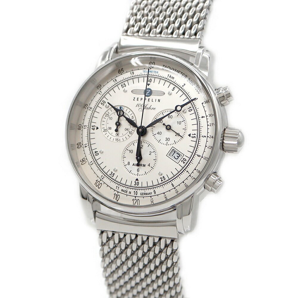 電池交換済 ZEPPELIN ツェッペリン 7680M-1 100周年記念モデル 日本限定 クロノグラフ デイト 50m防水 シルバー SS ステンレス メンズ クォーツ【6ヶ月保証】【腕時計】【中古】