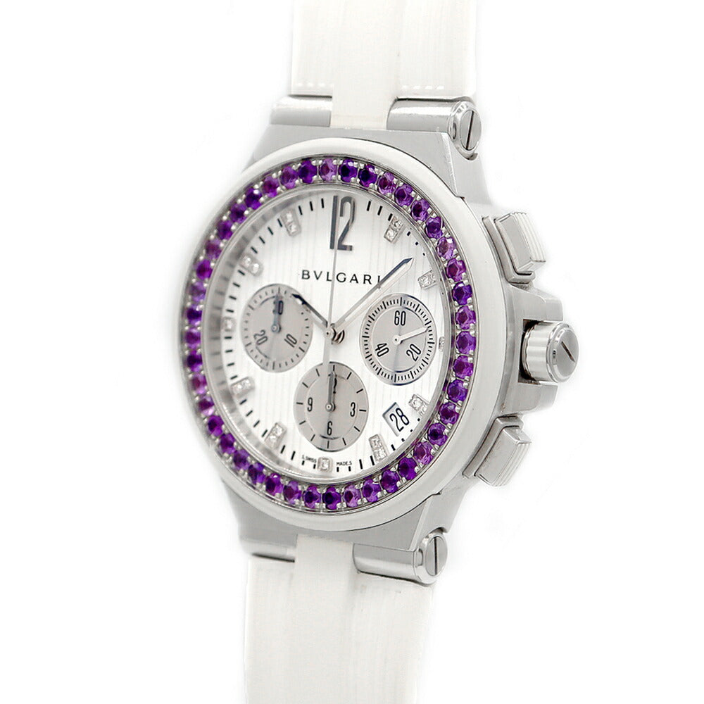 BVLGARI ブルガリ ディアゴノ クロノグラフ メディテラネアン アメジストベゼル 19Pダイヤ 500本限定 DG40SCH ダイヤモンド デイト スモールセコンド 白 ホワイト SS ステンレス 純正ベルト 純正尾錠 メンズ 自動巻き【6ヶ月保証】【腕時計】【中古】