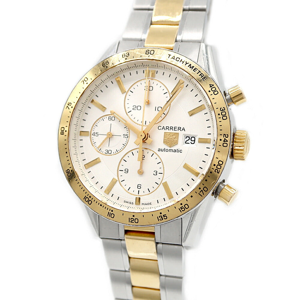 内部点検済 TAG Heuer タグホイヤー カレラ キャリバー16 クロノグラフ CV2050 BD0789 デイト スモールセコンド タキメーター 50m防水 裏スケ 白 ホワイト SS ステンレス YGP イエローゴールド コンビ メンズ 自動巻き【6ヶ月保証】【腕時計】【中古】