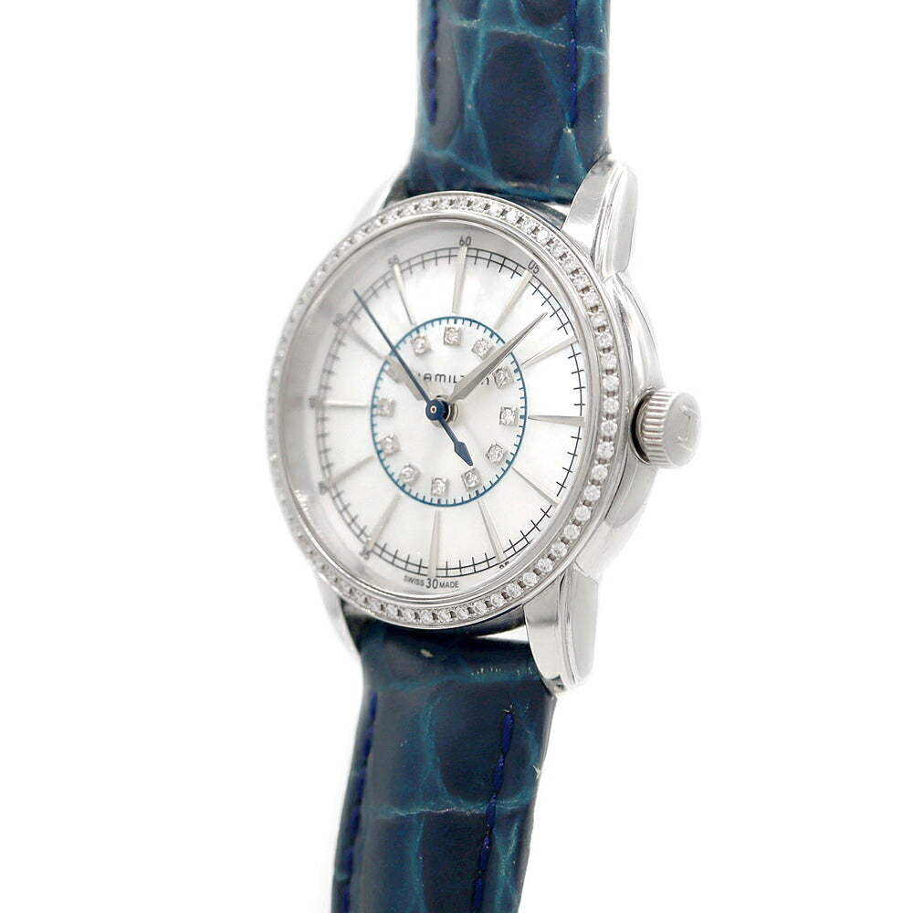 電池交換済 HAMILTON ハミルトン レイルロード ダイヤベゼル H403910 ダイヤモンド 12Pダイヤ 白 ホワイトシェル 純正ベルト 純正尾錠 SS ステンレス レディース クォーツ【6ヶ月保証】【腕時計】【中古】