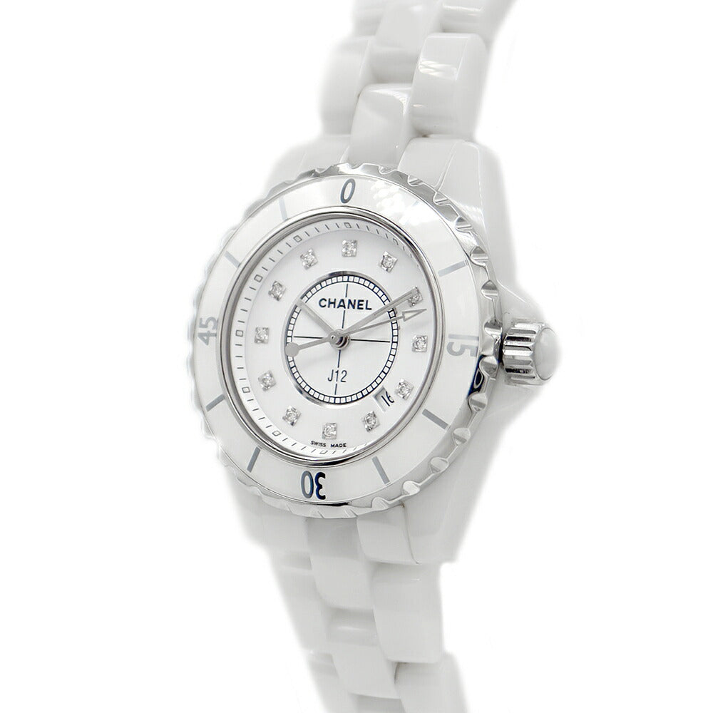 電池交換済 CHANEL シャネル J12 33mm H1628 ダイヤモンド 12Pダイヤ デイト 200m防水 白 ホワイト SS ステンレス CE セラミック レディース クォーツ【6ヶ月保証】【腕時計】【中古】