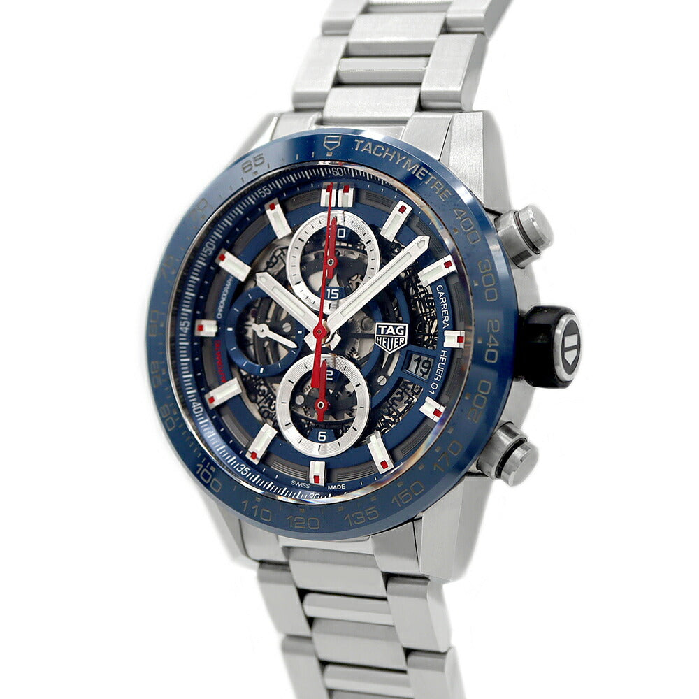 内部点検済 TAG Heuer タグホイヤー カレラ キャリバー ホイヤー01 クロノグラフ CAR201T BA0766 100m防水 デイト 青 ブルー スケルトン SS ステンレス メンズ 自動巻き【6ヶ月保証】【腕時計】【中古】