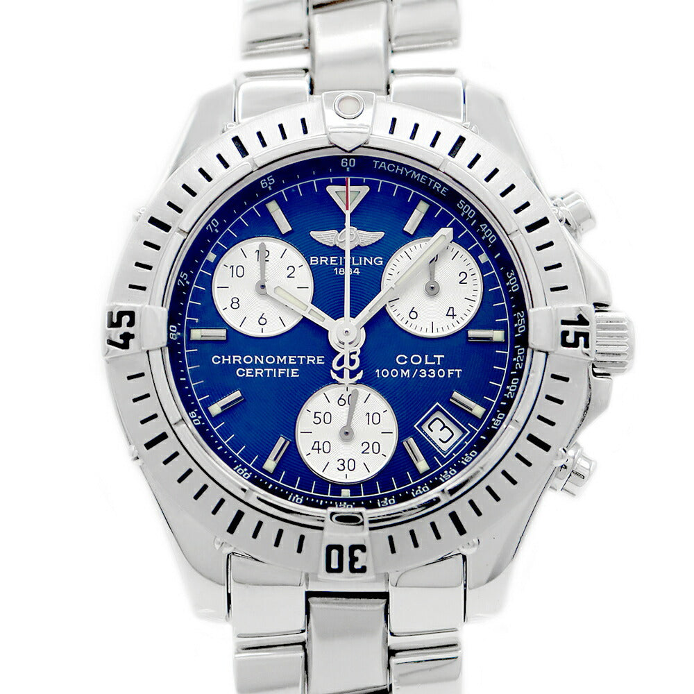 電池交換済 BREITLING ブライトリング コルト クロノグラフ A73350 デイト スモールセコンド 100m防水 紺 ネイビー SS ステンレス メンズ クォーツ【6ヶ月保証】【腕時計】【中古】 電池交換済 BREITLING ブライトリング コルト クロノグラフ A73350