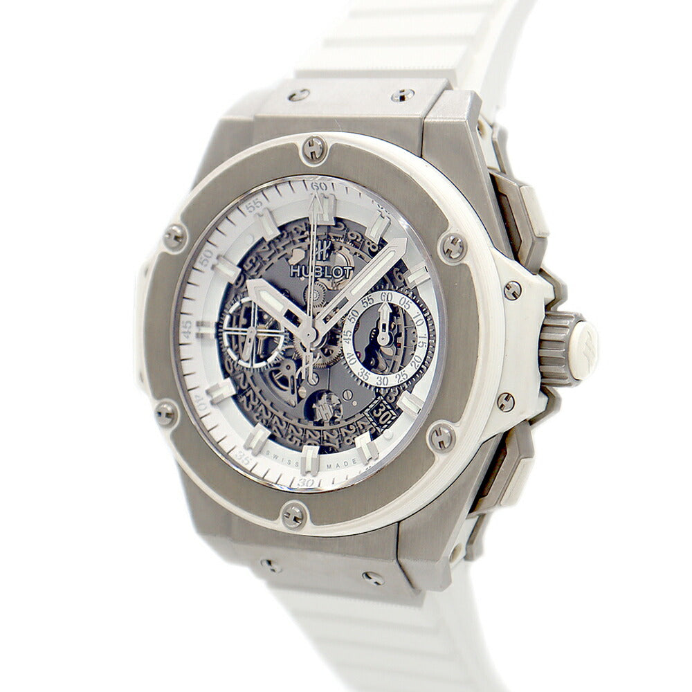 内部点検済 HUBLOT ウブロ キングパワー チタニウム クロノグラフ 701.NE.0127.GR 白 ホワイト スケルトン チタン 純正ベルト 純正尾錠 メンズ 自動巻き【6ヶ月保証】【腕時計】【中古】