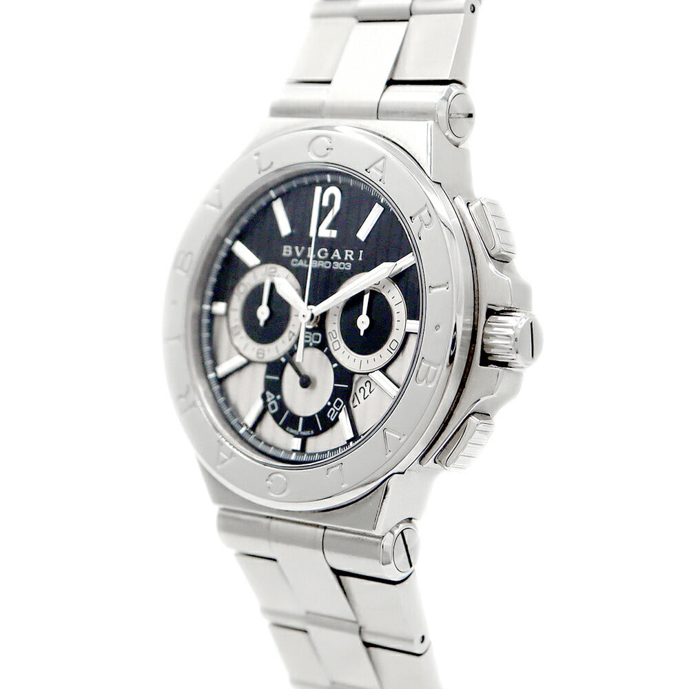 BVLGARI ブルガリ ディアゴノ カリブロ303 クロノグラフ DG42SCH デイト 裏スケ 黒 ブラック シルバー SS ステンレス メンズ 自動巻き【6ヶ月保証】【腕時計】【中古】