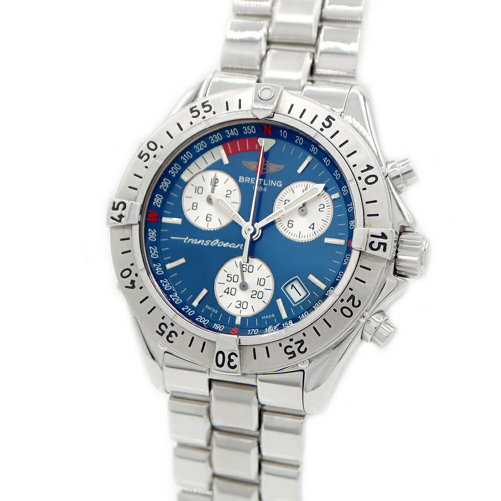 電池交換済 BREITLING ブライトリング トランスオーシャン クロノグラフ A53340 100m防水 デイト スモールセコンド 青 ブルー SS ステンレス メンズ クォーツ【6ヶ月保証】【腕時計】【中古】