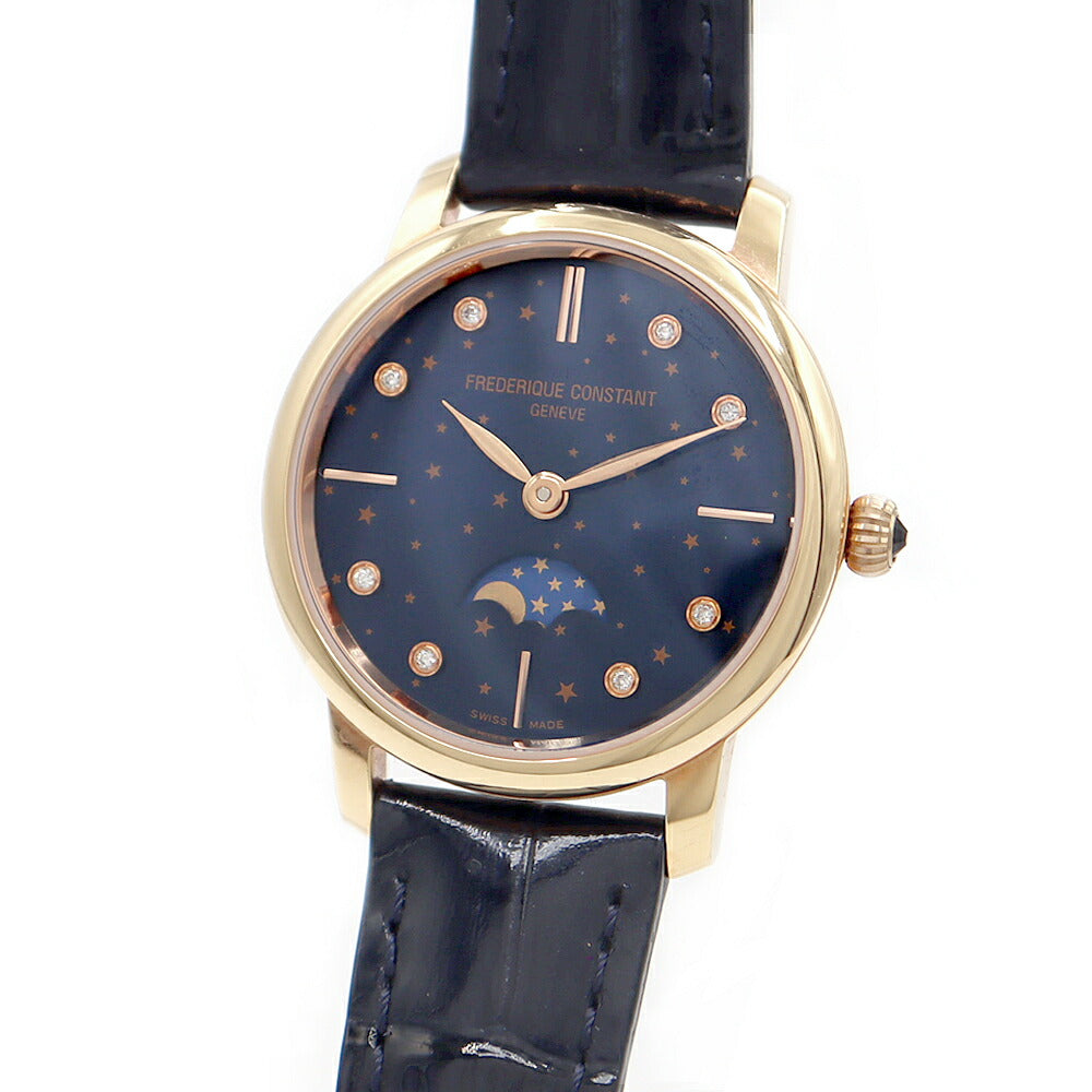 電池交換済 FREDERIQUE CONSTANT フレデリックコンスタント スリムライン ムーンフェイズ 日本限定モデル 8Pダイヤ FC-206X1S2 ダイヤモンド ネイビー SS ステンレス RGP ローズゴールド 純正ベルト レディース クォーツ【6ヶ月保証】【腕時計】【中古】
