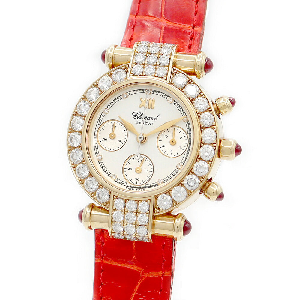 電池交換済 Chopard ショパール インペリアーレ クロノグラフ ダイヤベゼル 38/3168-21 ダイヤモンド 白 ホワイト K18YG イエローゴールド 純正ベルト 純正K18YG尾錠 レディース クォーツ【6ヶ月保証】【腕時計】【中古】