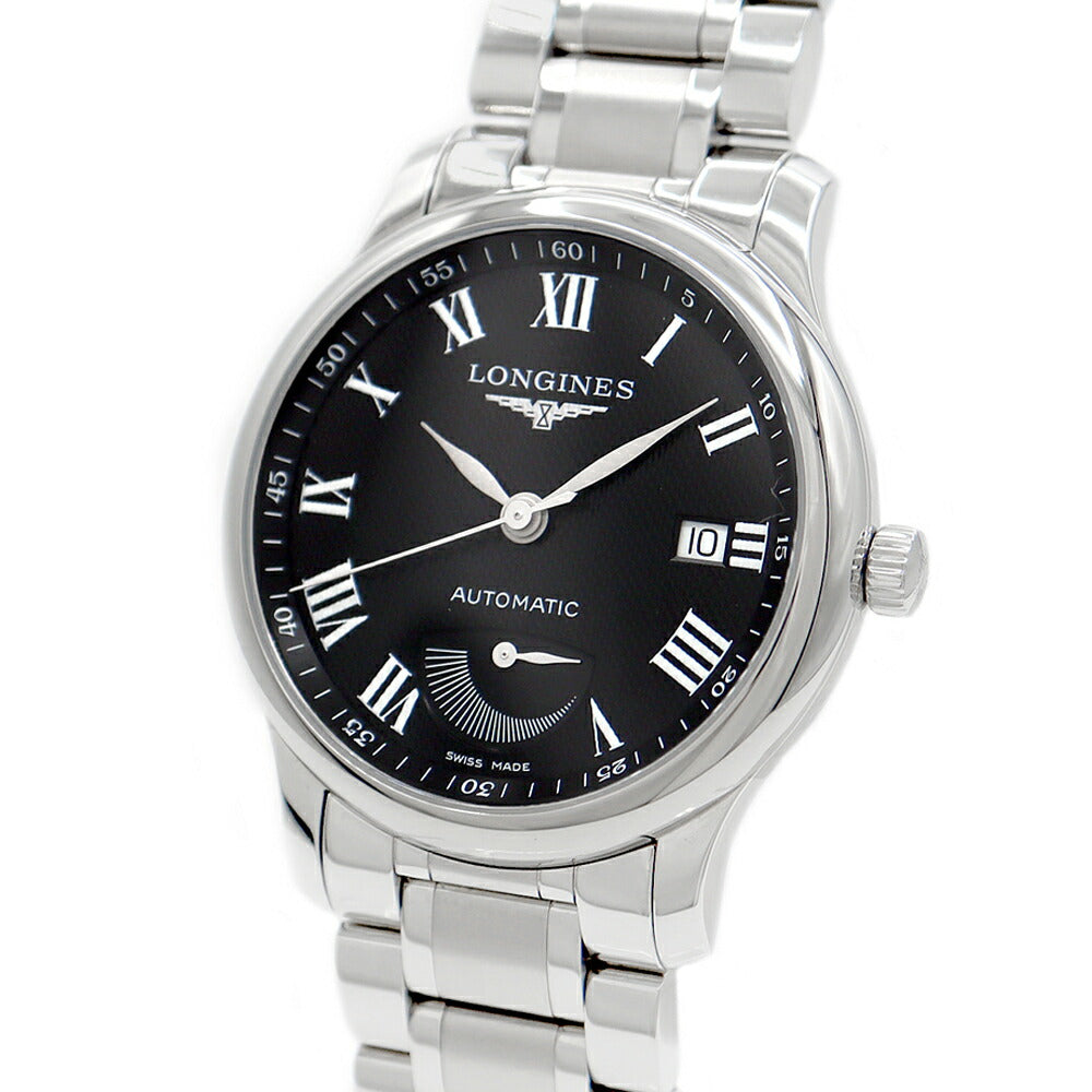 内部点検済 LONGINES ロンジン マスターコレクション パワーリザーブ L2.708.4 デイト 30m防水 裏スケ 黒 ブラック SS ステンレス メンズ 自動巻き【6ヶ月保証】【腕時計】【中古】