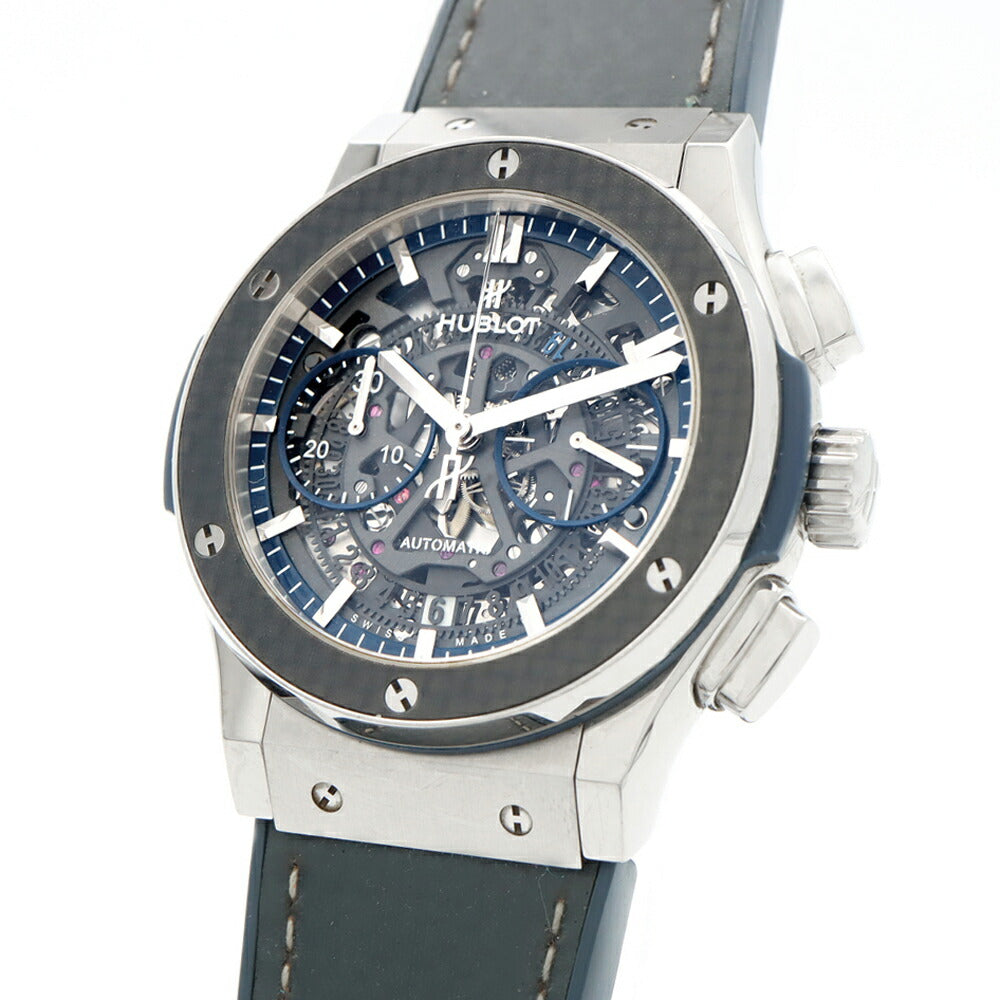 HUBLOT ウブロ クラシックフュージョン アエロフュージョン クロノグラフ チタニウム ブルーカーボン 田中将大モデル 日本限定88本 525.NQ.0120.QR.MTK17 デイト グレー スケルトン Ti チタン SS ステンレス 純正ベルト 純正尾錠 メンズ 自動巻き【6ヶ月保証】【腕時計】【中古】