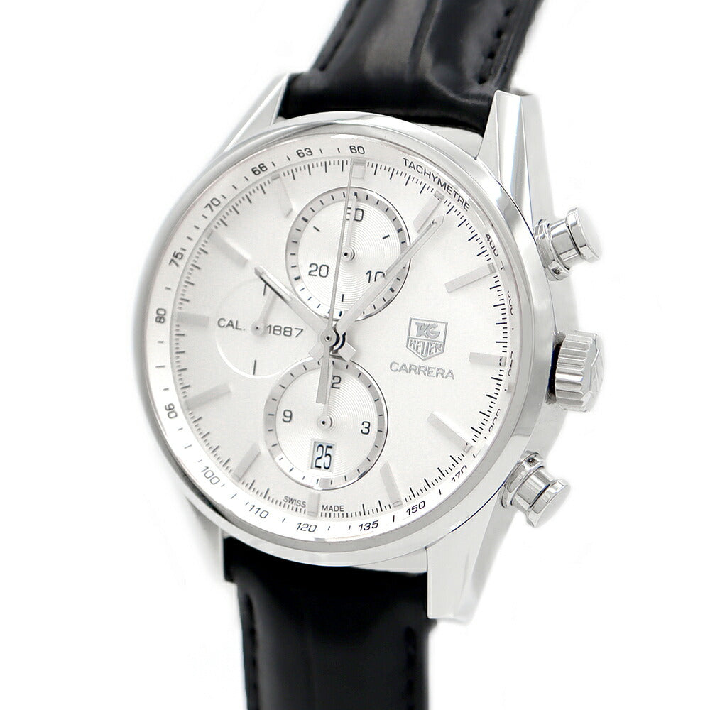 TAG Heuer タグホイヤー カレラ キャリバー1887 クロノグラフ CAR2111.FC6266 デイト 100m防水 裏スケ スモールセコンド シルバー SS ステンレス 純正ベルト 純正尾錠 メンズ 自動巻き【6ヶ月保証】【腕時計】【中古】