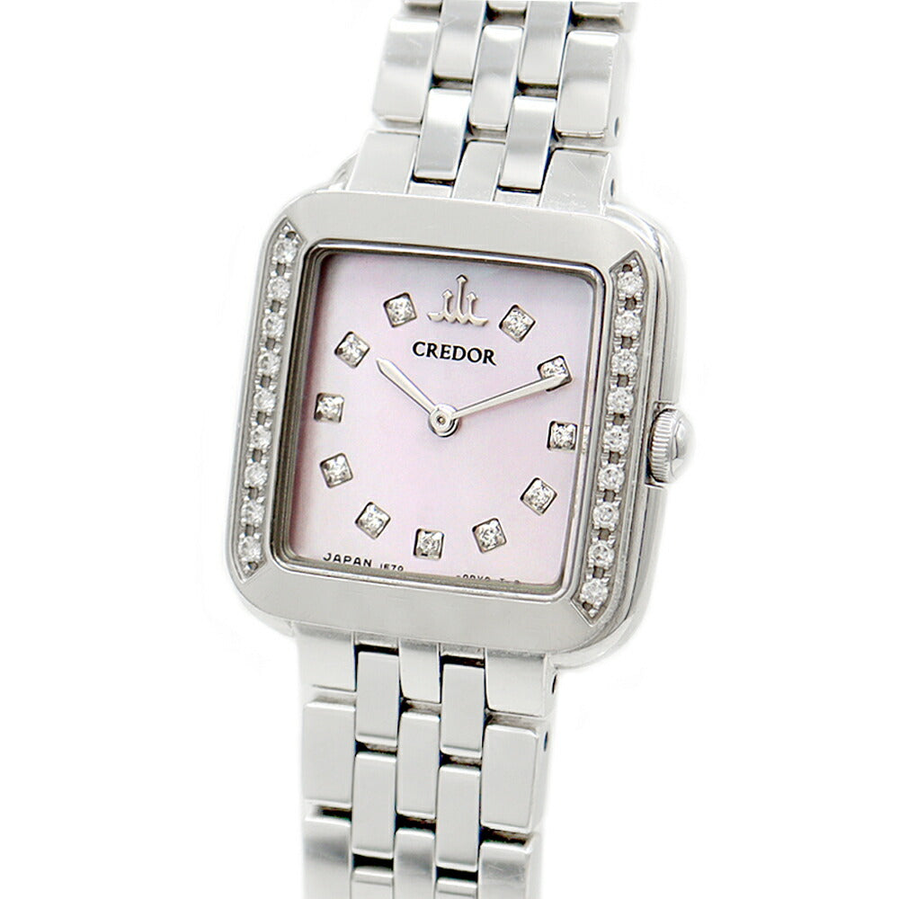電池交換済 SEIKO セイコー クレドール シグノ ダイヤベゼル 1E70-0CR0 11Pダイヤ ダイヤモンド ピンクシェル SS ステンレス レディース クォーツ【6ヶ月保証】【腕時計】【中古】