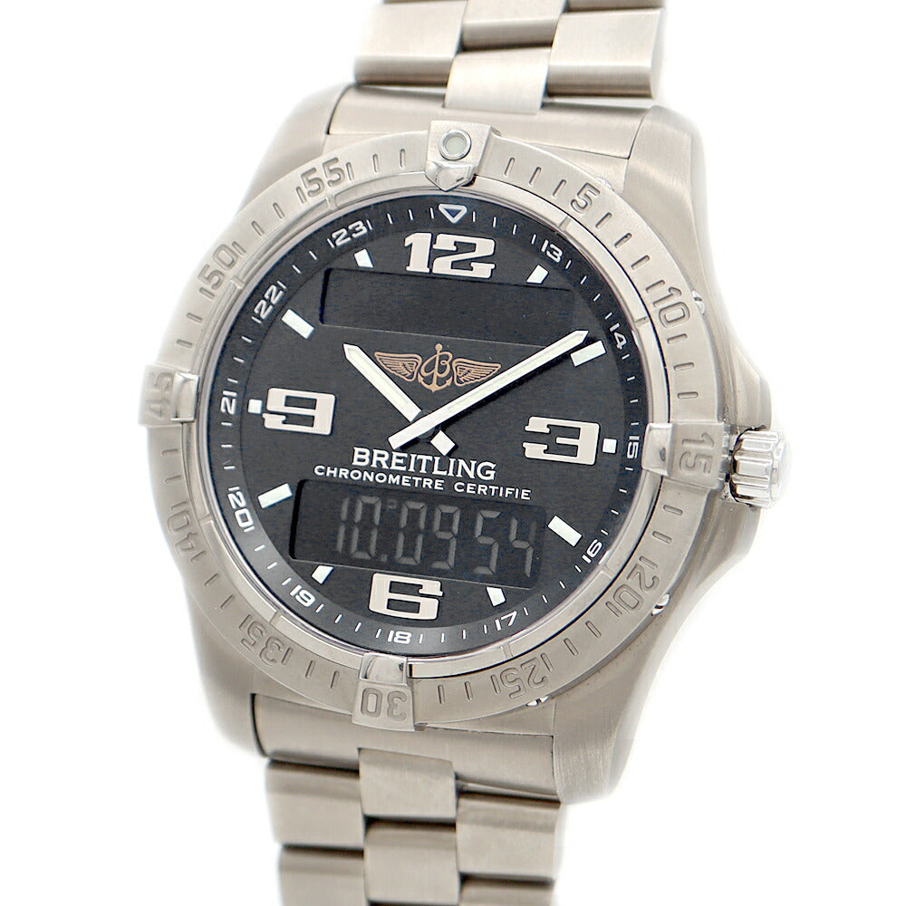 電池交換済 BREITLING ブライトリング エアロスペース アヴァンタージュ E79362 デイデイト 100m防水 黒 ブラック Ti チタン メンズ デジアナ クォーツ【6ヶ月保証】【腕時計】【中古】