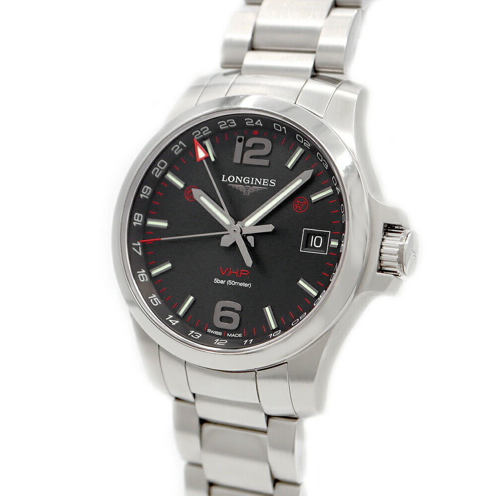 LONGINES ロンジン コンクエスト V.H.P GMT パーペチュアルカレンダー L3.718.4.56.6 デイト 50m防水 黒 ブラック SS ステンレス メンズ クォーツ【1ヶ月保証】【腕時計】【中古】