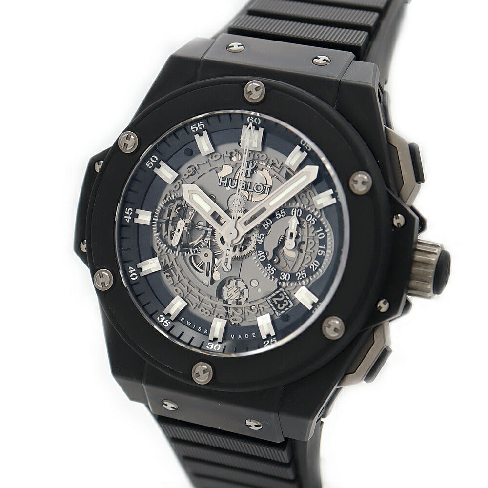 HUBLOT ウブロ キングパワー ウニコ ブラックマジック クロノグラフ 701.CI.0170.RX デイト 裏スケ スケルトン 黒 ブラック TI チタン CE セラミック 純正ベルト 純正尾錠 メンズ 自動巻き【6ヶ月保証】【腕時計】【中古】