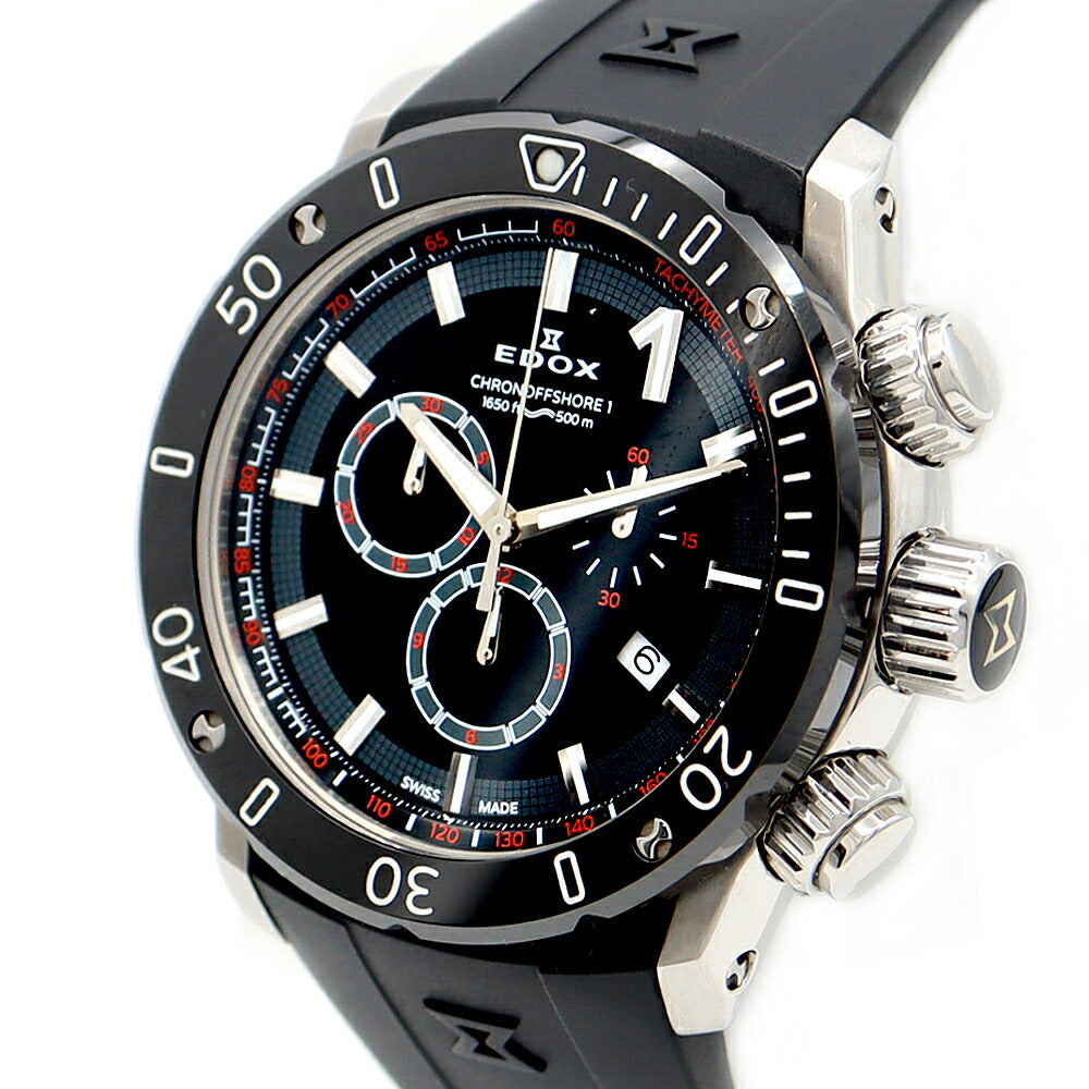 電池交換済 EDOX エドックス クロノオフショア1 クロノグラフ 10221 C0-1 デイト 500m防水 黒 ブラック SS ステンレス 純正ベルト 純正尾錠 メンズ クォーツ【6ヶ月保証】【腕時計】【中古】