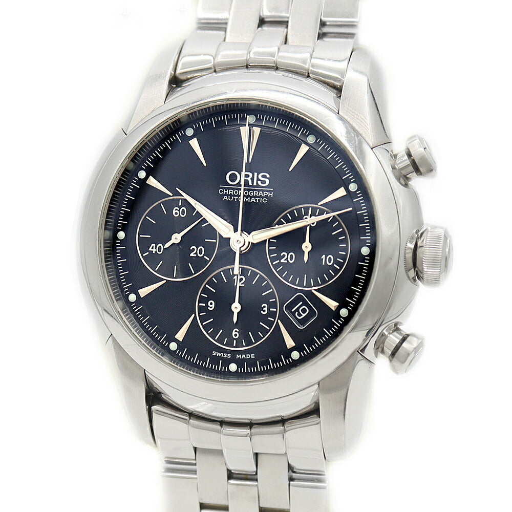 内部点検済 ORIS オリス アートリエ クロノグラフ 7547 デイト 30m防水 裏スケ 黒 ブラック SS ステンレス メンズ 自動巻き【6ヶ月保証】【腕時計】【中古】