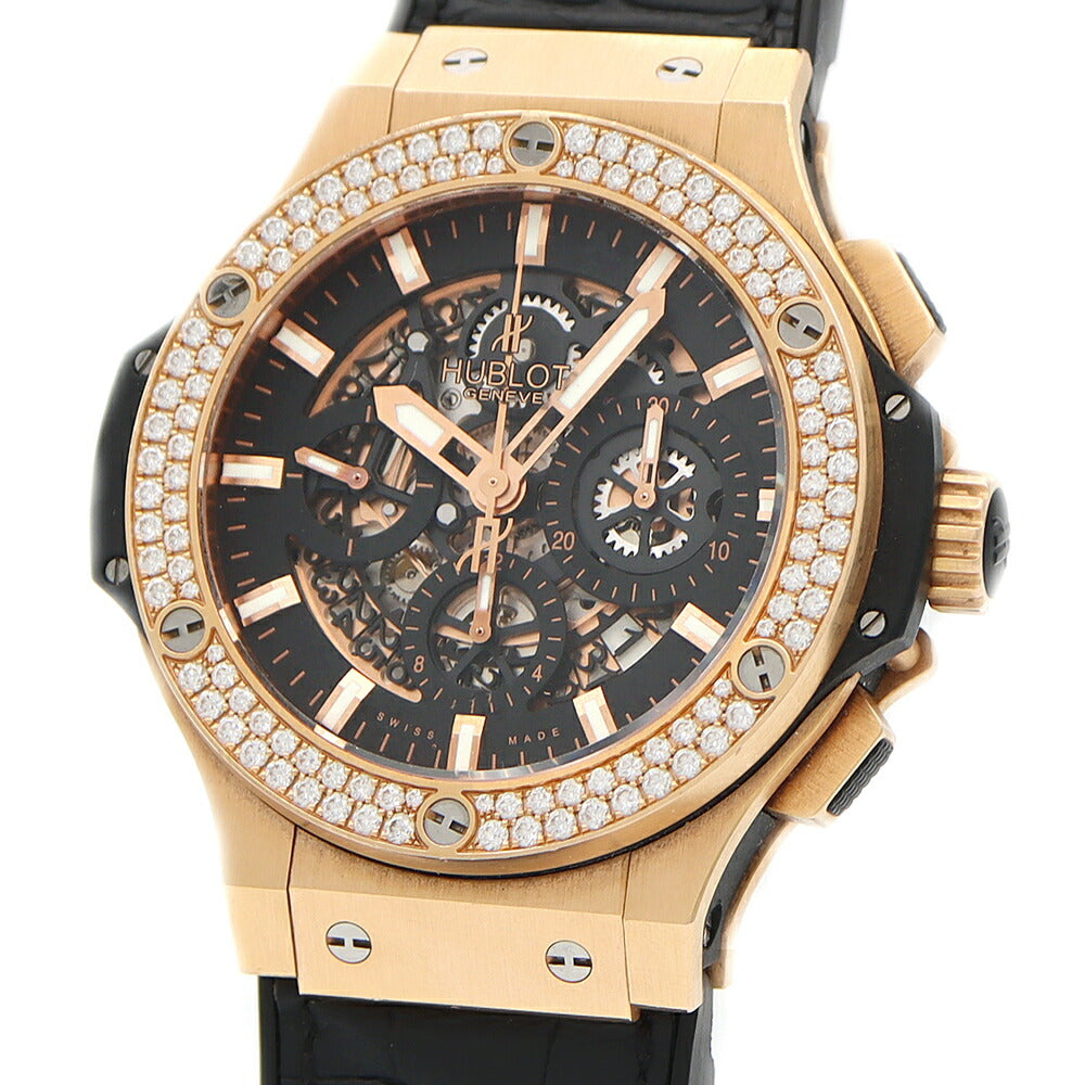 HUBLOT ウブロ ビッグバン アエロバン キングゴールド ダイヤモンド 311.PX.1180.GR.1104 純正ダイヤベゼル クロノグラフ デイト 裏スケ 黒 ブラック スケルトン K18KG Ti チタン 純正ベルト 純正尾錠 メンズ 自動巻き【6ヶ月保証】【腕時計】【中古】