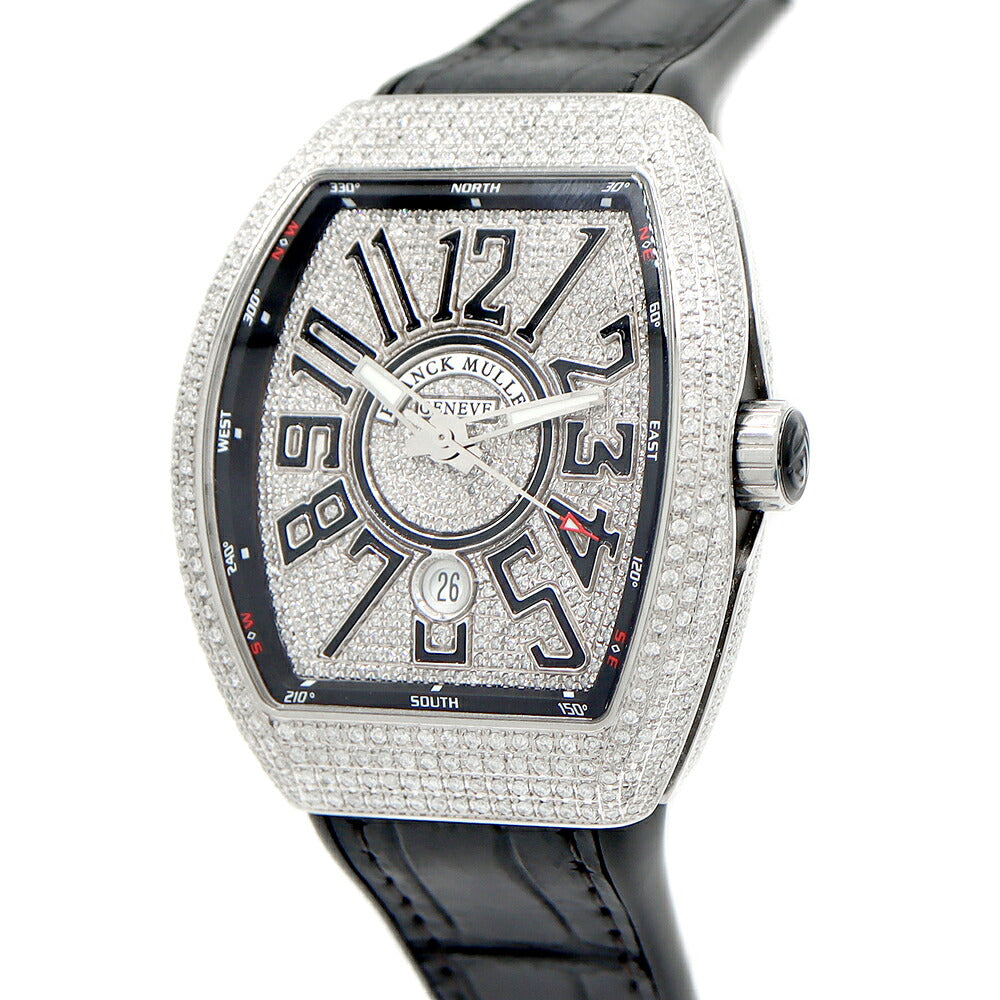 FRANCK MULLER フランクミュラー ヴァンガード ダイヤベゼル ダイヤ文字盤 V45SCDT ACNR ダイヤモンド デイト SS ステンレス 純正ベルト 純正バックル尾錠 アフターダイヤ メンズ 自動巻き【6ヶ月保証】【中古】【腕時計】