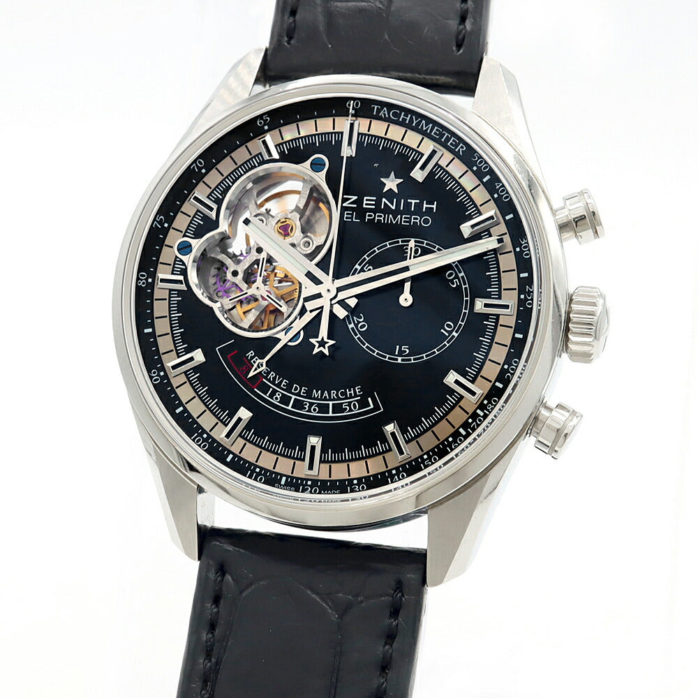 ZENITH ゼニス エルプリメロ クロノマスター オープン パワーリザーブ 03.2080.4021 クロノグラフ 100m防水 裏スケ 黒 ブラック SS ステンレス 純正ベルト 純正尾錠 メンズ 自動巻き【6ヶ月保証】【腕時計】【中古】