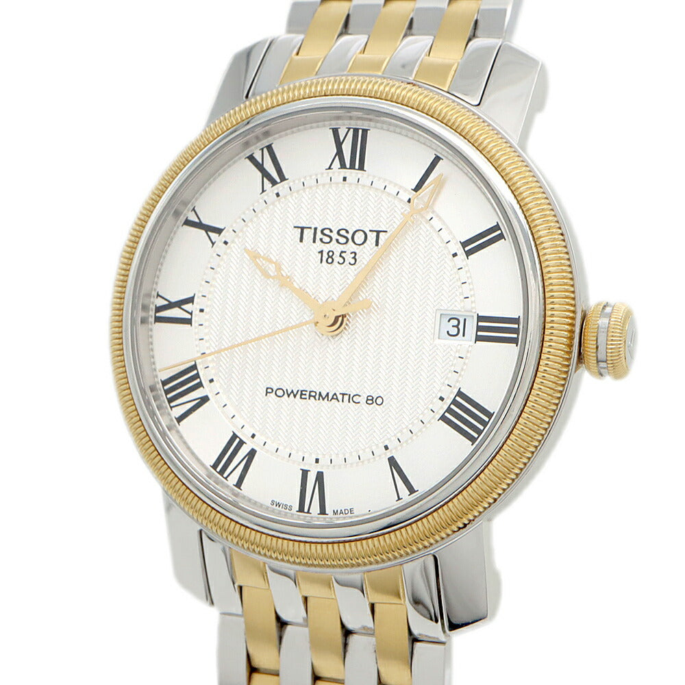 TISSOT ティソ T-Classic ブリッジポート パワーマチック80 T097407A デイト 50m防水 裏スケ シルバー YGP イエローゴールド SS ステンレス コンビ メンズ 自動巻き【6ヶ月保証】【腕時計】【中古】