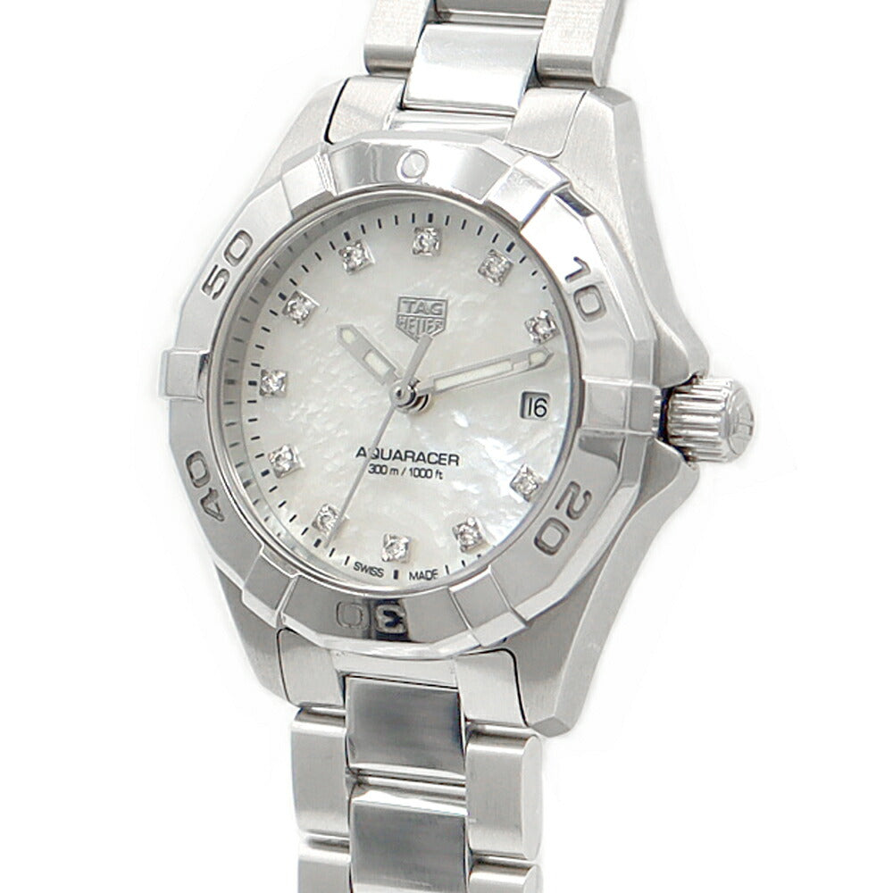 電池交換済 TAG Heuer タグホイヤー アクアレーサー WBD1414 ダイヤモンド 11Pダイヤ デイト 300m防水 白 ホワイトシェル SS ステンレス レディース クォーツ【6ヶ月保証】【腕時計】【中古】
