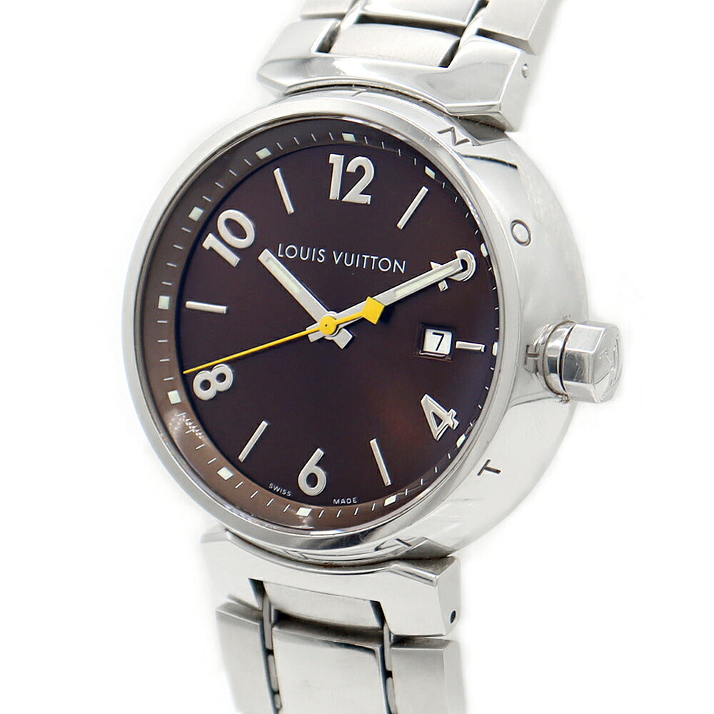 電池交換済 LOUIS VUITTON ルイヴィトン タンブール Q1111 デイト 100m防水 茶 ブラウン SS ステンレス メンズ クォーツ 【6ヶ月保証】【腕時計】【中古】