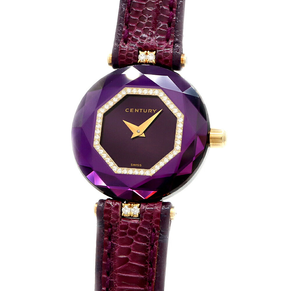 電池交換済 CENTURY センチュリー タイムジェム カットガラス ダイヤモンド 100m防水 黒 ブラック K18YG イエローゴールド 純正ベルト 純正K18YG尾錠 レディース クォーツ【6ヶ月保証】【腕時計】【中古】