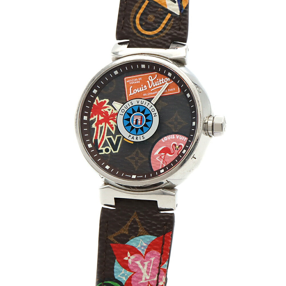 電池交換済 LOUIS VUITTON ルイヴィトン タンブール ワールドツアー QA060 100m防水 茶 ブラウン SS ステンレス 純正ベルト 純正尾錠 メンズ クォーツ【6ヶ月保証】【腕時計】【中古】