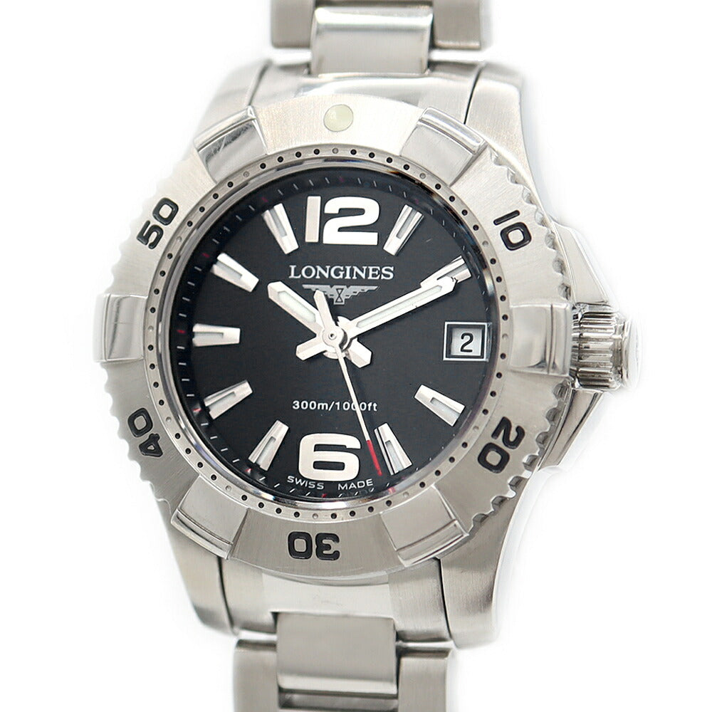 電池交換済 LONGINES ロンジン ハイドロコンクエスト L3.147.4 デイト 300m防水 黒 ブラック SS ステンレス レディース クォーツ 【6ヶ月保証】【腕時計】【中古】