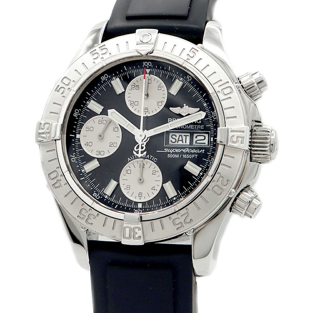 BREITLING ブライトリング クロノ スーパーオーシャン A13340 クロノグラフ デイデイト 500m防水 黒 ブラック SS ステンレス 純正ベルト 純正バックル メンズ 自動巻き【6ヶ月保証】【腕時計】【中古】