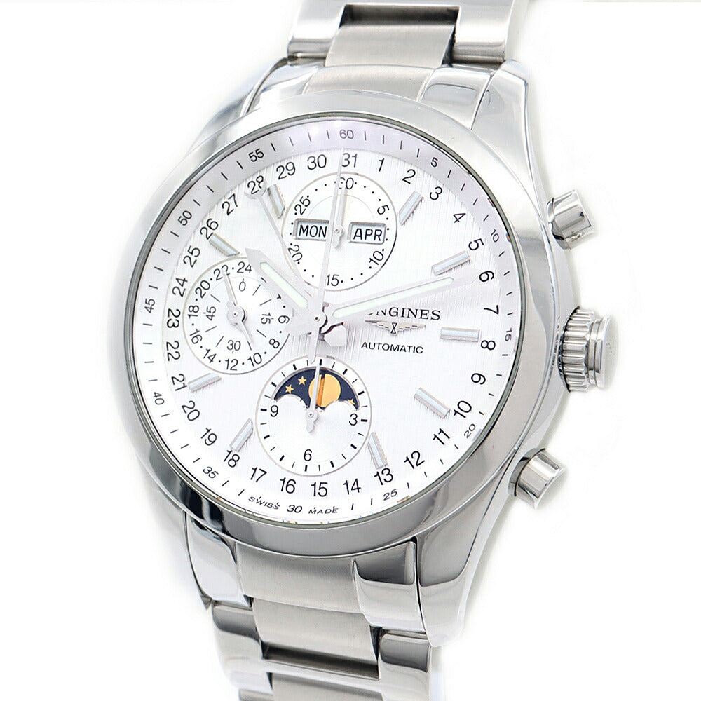 LONGINES ロンジン コンクエスト クラシック クロノグラフ L2.798.4.72.6 トリプルカレンダー ムーンフェイズ 裏スケ 50m防水 シルバー SS ステンレス メンズ 自動巻き【6ヶ月保証】【腕時計】【中古】
