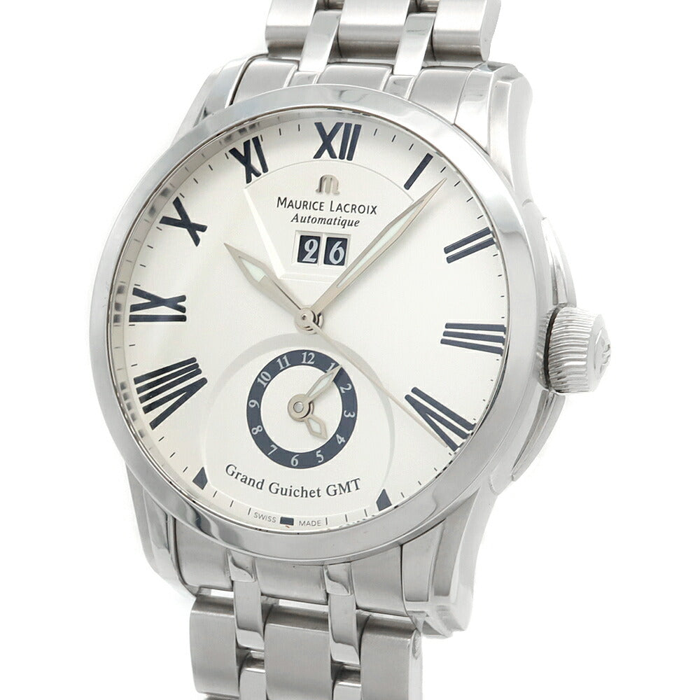 MAURICE LACROIX モーリスラクロア ポントス グランギシェ GMT PT6098 50m防水 裏スケ ビッグデイト シルバー SS ステンレス メンズ 自動巻き【6ヶ月保証】【腕時計】【中古】