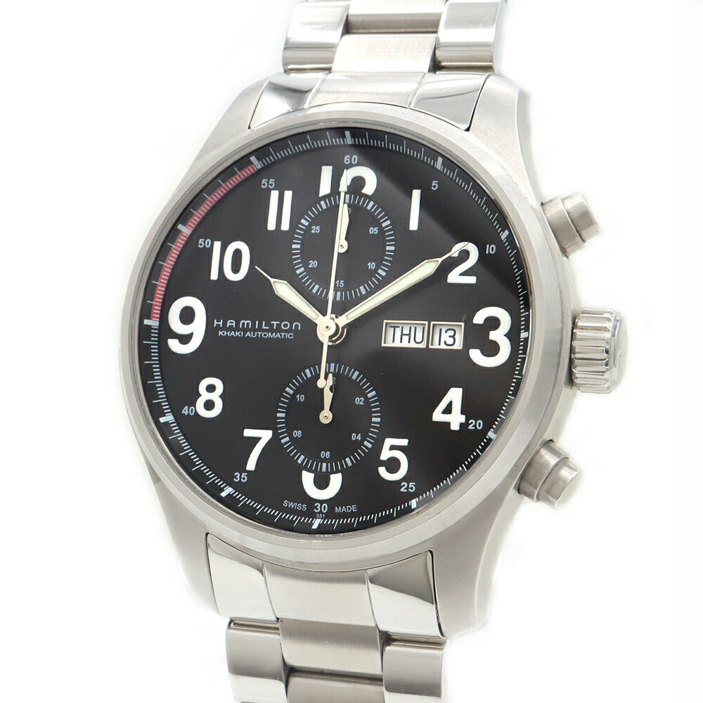 HAMILTON ハミルトン カーキ オフィサー クロノ H717160 クロノグラフ デイデイト 裏スケ 100m防水 黒 ブラック SS ステンレス メンズ 自動巻き【6ヶ月保証】【腕時計】【中古】