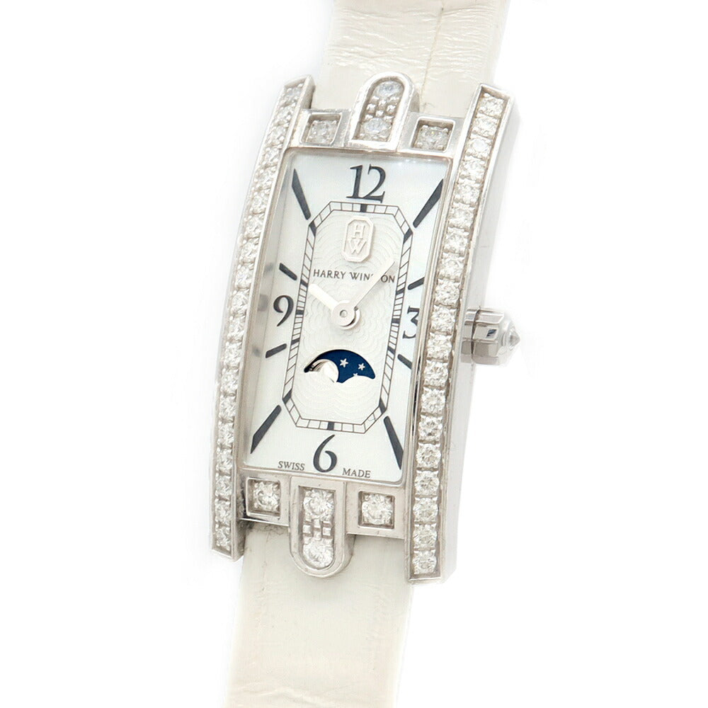 電池交換済 HARRY WINSTON ハリーウィンストン アヴェニューC ミニ ムーンフェイズ 純正ダイヤベゼル AVCQMP16WW001 ダイヤモンド リューズダイヤ 白 ホワイトシェル K18WG ホワイトゴールド レディース クォーツ アベニュー【6ヶ月保証】【腕時計】【中古】
