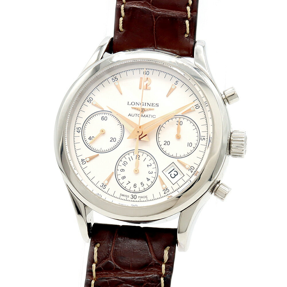 内部点検済 LONGINES ロンジン ヘリテージ コラムホイール クロノグラフ L2.742.4 デイト 裏スケ ホワイト SS ステンレス 純正尾錠 純正ベルト メンズ 自動巻き【6ヶ月保証】【腕時計】【中古】