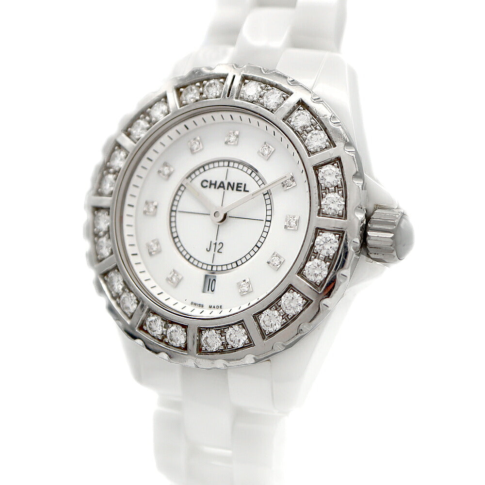 電池交換済 CHANEL シャネル J12 ダイヤベゼル H2429 11Pダイヤ 純正ダイヤモンド 200m防水 デイト 白 ホワイト CE セラミック SS ステンレス レディース クォーツ【6ヶ月保証】【腕時計】【中古】