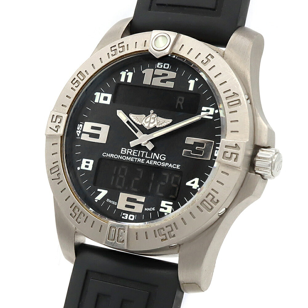 電池交換済 BREITLING ブライトリング エアロスペース エヴォ E79363 クロノグラフ アラーム 100m防水 黒 ブラック Ti チタン 純正ベルト 純正尾錠 メンズ デジアナ クォーツ【6ヶ月保証】【腕時計】【中古】