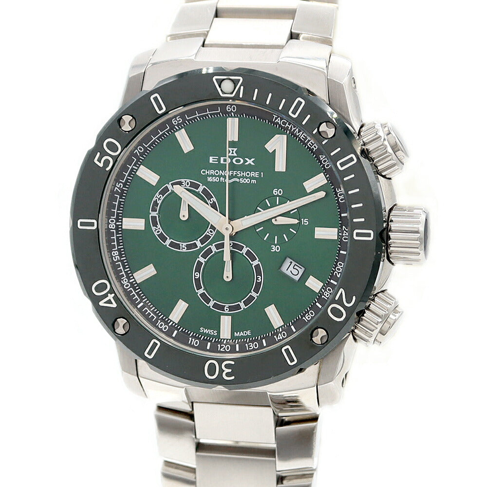 電池交換済 EDOX エドックス クロノオフショア1 10221 クロノグラフ 500m防水 デイト 緑 グリーン CE セラミック SS ステンレス メンズ クォーツ【6ヶ月保証】【腕時計】【中古】